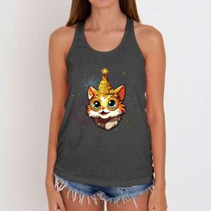 Cat New Years Eve Party Happy New Year 2024 Fireworks Women's Knotted Racerback Tank