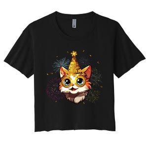 Cat New Years Eve Party Happy New Year 2024 Fireworks Women's Crop Top Tee