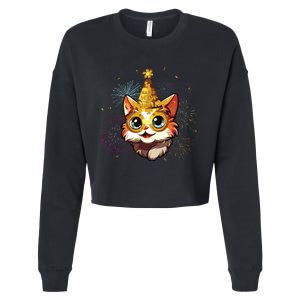 Cat New Years Eve Party Happy New Year 2024 Fireworks Cropped Pullover Crew