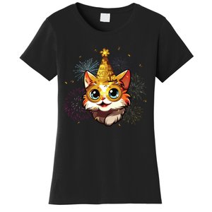 Cat New Years Eve Party Happy New Year 2024 Fireworks Women's T-Shirt