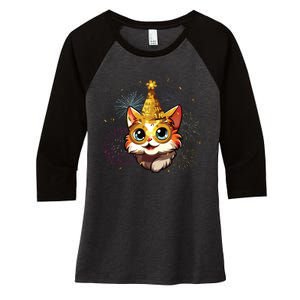 Cat New Years Eve Party Happy New Year 2024 Fireworks Women's Tri-Blend 3/4-Sleeve Raglan Shirt