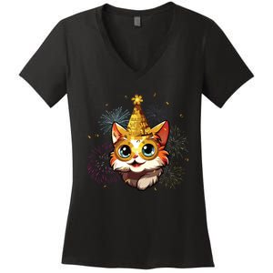 Cat New Years Eve Party Happy New Year 2024 Fireworks Women's V-Neck T-Shirt