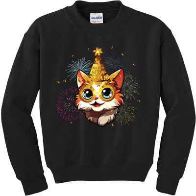 Cat New Years Eve Party Happy New Year 2024 Fireworks Kids Sweatshirt