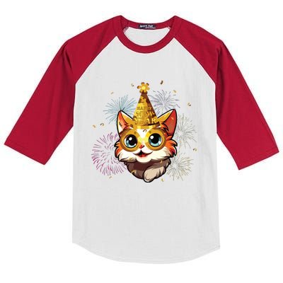 Cat New Years Eve Party Happy New Year 2024 Fireworks Kids Colorblock Raglan Jersey