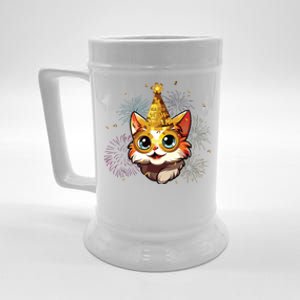 Cat New Years Eve Party Happy New Year 2024 Fireworks Beer Stein