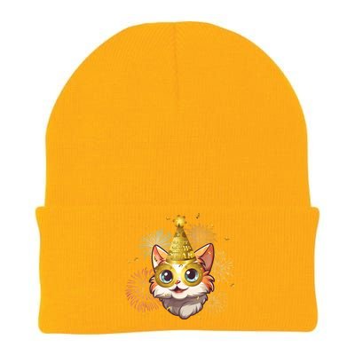 Cat New YearS Eve Party Happy New Year 2024 Fireworks Knit Cap Winter Beanie