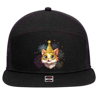 Cat New YearS Eve Party Happy New Year 2024 Fireworks 7 Panel Mesh Trucker Snapback Hat