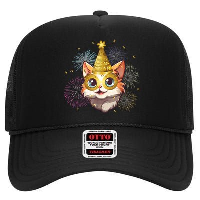 Cat New YearS Eve Party Happy New Year 2024 Fireworks High Crown Mesh Back Trucker Hat