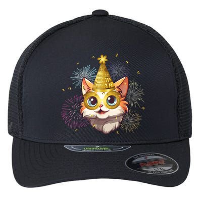 Cat New YearS Eve Party Happy New Year 2024 Fireworks Flexfit Unipanel Trucker Cap