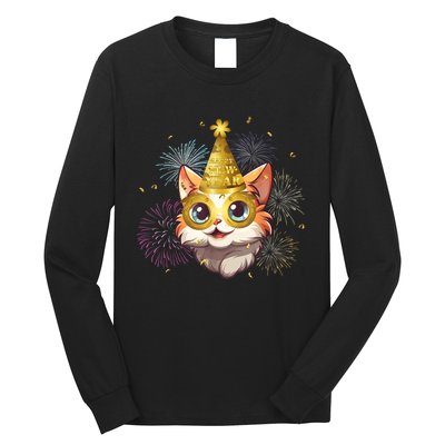 Cat New YearS Eve Party Happy New Year 2024 Fireworks Long Sleeve Shirt