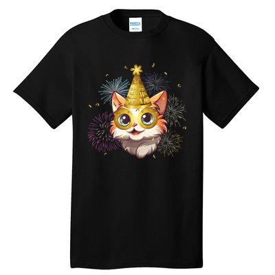 Cat New YearS Eve Party Happy New Year 2024 Fireworks Tall T-Shirt