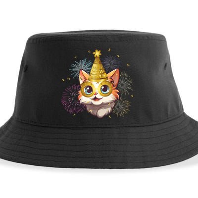 Cat New YearS Eve Party Happy New Year 2024 Fireworks Sustainable Bucket Hat