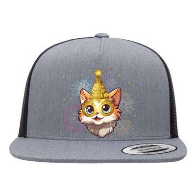 Cat New YearS Eve Party Happy New Year 2024 Fireworks Flat Bill Trucker Hat