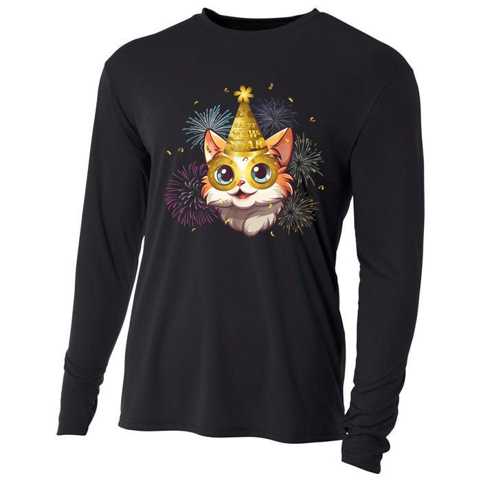 Cat New YearS Eve Party Happy New Year 2024 Fireworks Cooling Performance Long Sleeve Crew