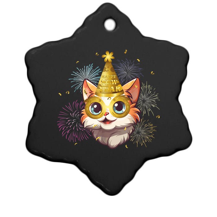 Cat New YearS Eve Party Happy New Year 2024 Fireworks Ceramic Star Ornament