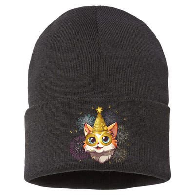 Cat New YearS Eve Party Happy New Year 2024 Fireworks Sustainable Knit Beanie