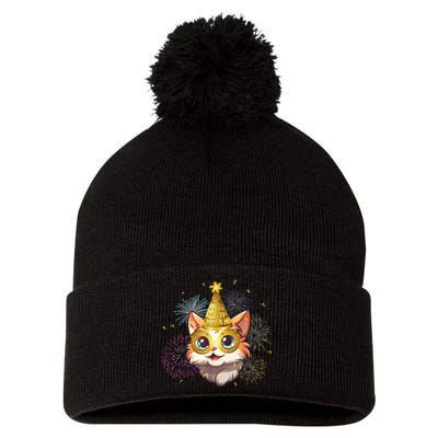 Cat New YearS Eve Party Happy New Year 2024 Fireworks Pom Pom 12in Knit Beanie