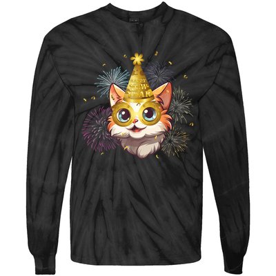 Cat New YearS Eve Party Happy New Year 2024 Fireworks Tie-Dye Long Sleeve Shirt