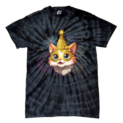 Cat New YearS Eve Party Happy New Year 2024 Fireworks Tie-Dye T-Shirt