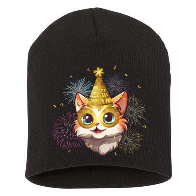 Cat New YearS Eve Party Happy New Year 2024 Fireworks Short Acrylic Beanie