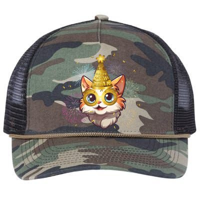 Cat New YearS Eve Party Happy New Year 2024 Fireworks Retro Rope Trucker Hat Cap