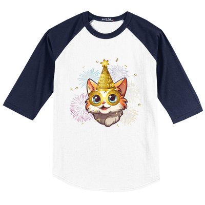 Cat New YearS Eve Party Happy New Year 2024 Fireworks Baseball Sleeve Shirt