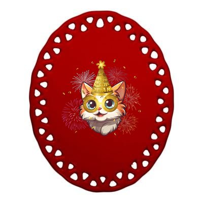 Cat New YearS Eve Party Happy New Year 2024 Fireworks Ceramic Oval Ornament