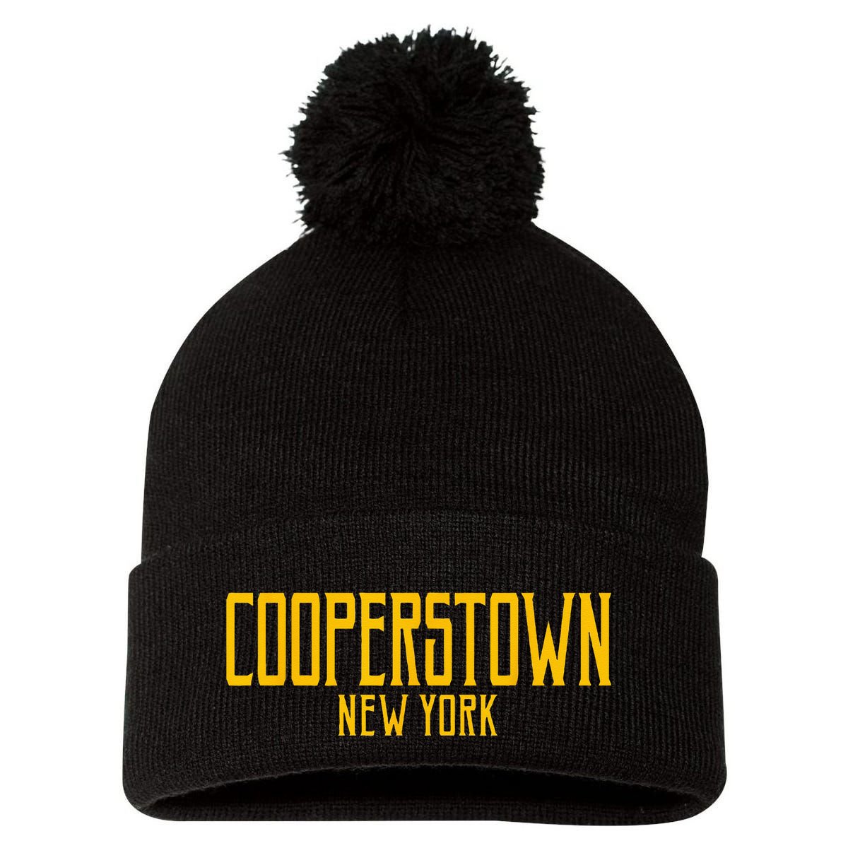 Cooperstown New York Vintage Text Amber Print Pom Pom 12in Knit Beanie