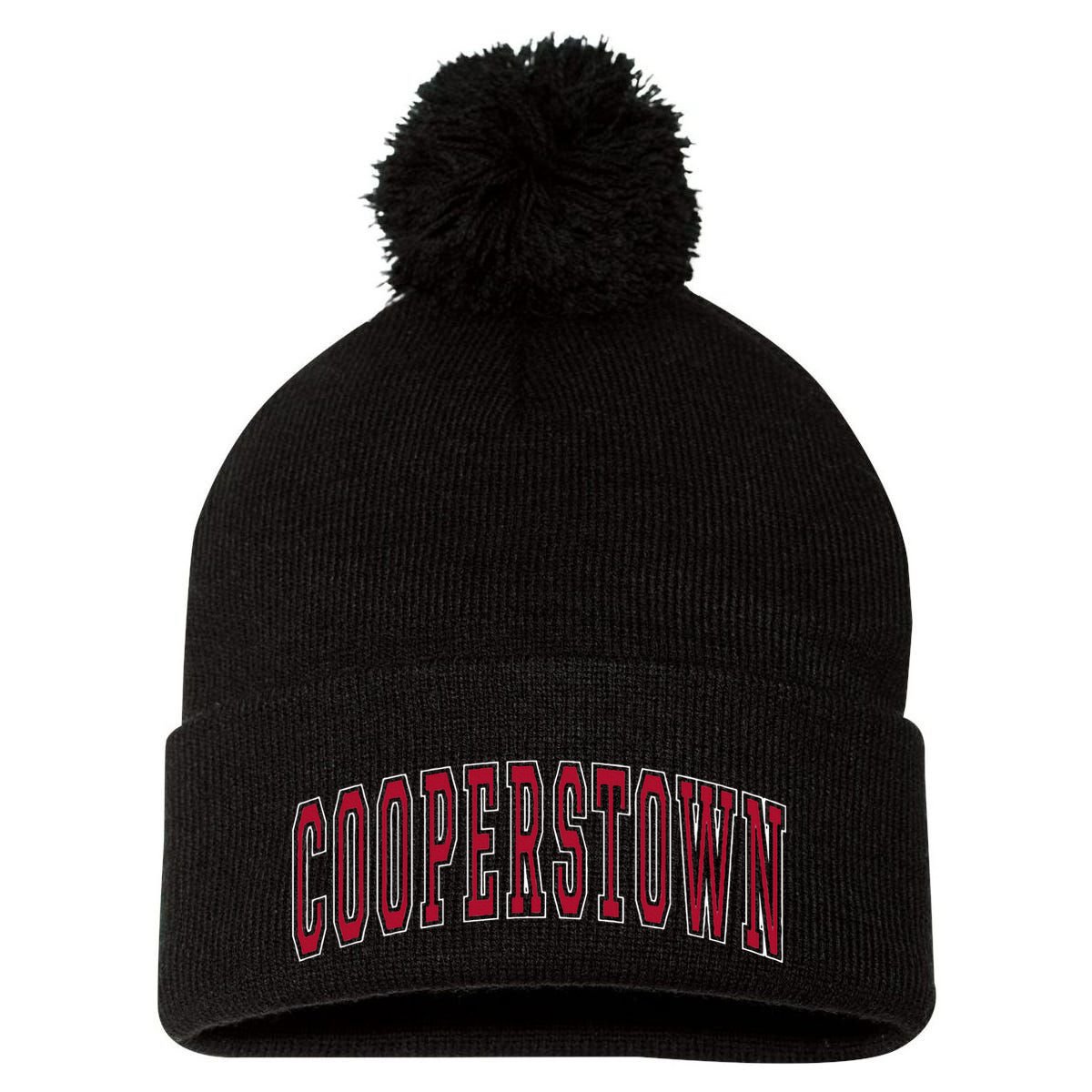 Cooperstown New York Souvenir College Style Red Text Pom Pom 12in Knit Beanie
