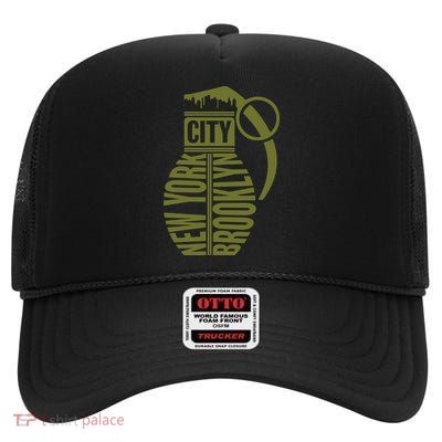 Cool New York City Brooklyn Grenade Design High Crown Mesh Back Trucker Hat