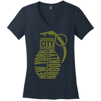 Cool New York City Brooklyn Grenade Design Women's V-Neck T-Shirt