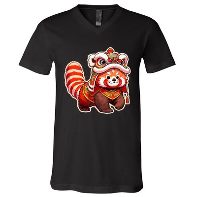 Chinese New Year Red Panda Lion Dance Lunar New Year 2024 V-Neck T-Shirt