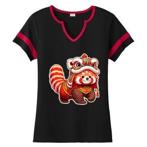 Chinese New Year Red Panda Lion Dance Lunar New Year 2024 Ladies Halftime Notch Neck Tee