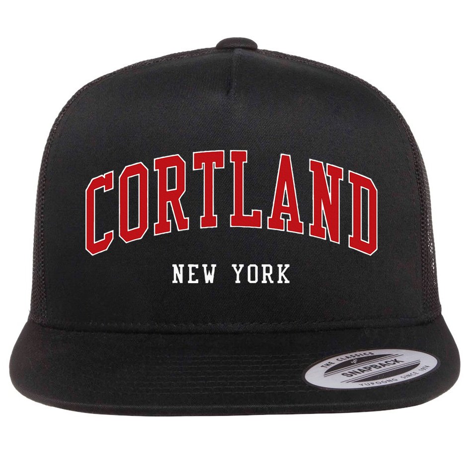Cortland New York Varsity Sports Style Flat Bill Trucker Hat