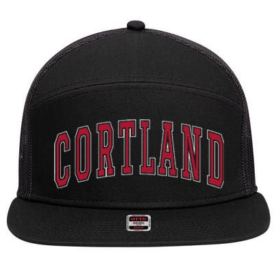 Cortland New York Souvenir College Style Red Text 7 Panel Mesh Trucker Snapback Hat