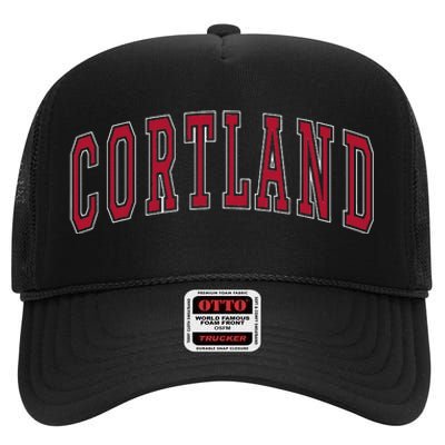 Cortland New York Souvenir College Style Red Text High Crown Mesh Back Trucker Hat