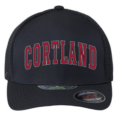 Cortland New York Souvenir College Style Red Text Flexfit Unipanel Trucker Cap