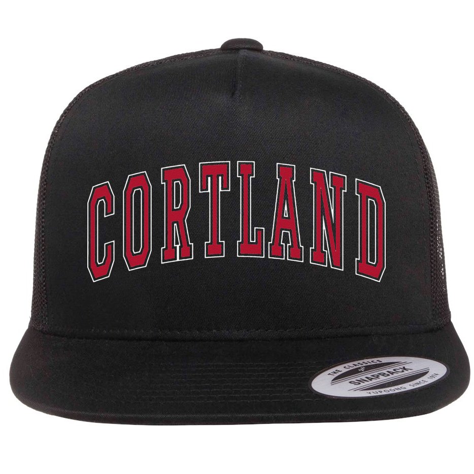 Cortland New York Souvenir College Style Red Text Flat Bill Trucker Hat