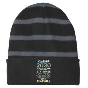 Class Of 2030 Gaming 6th Grade Level Unlocked Back To School Striped Beanie with Solid Band