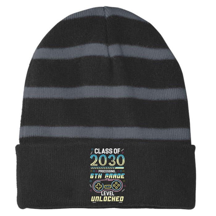 Class Of 2030 Gaming 6th Grade Level Unlocked Back To School Striped Beanie with Solid Band