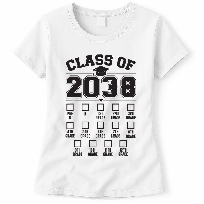 Class Of 2038 Grow With Me Checklist Prek To 12th Grade Womens T-Shirt