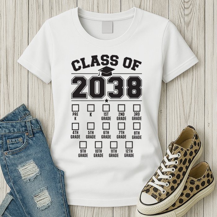 Class Of 2038 Grow With Me Checklist Prek To 12th Grade Womens T-Shirt