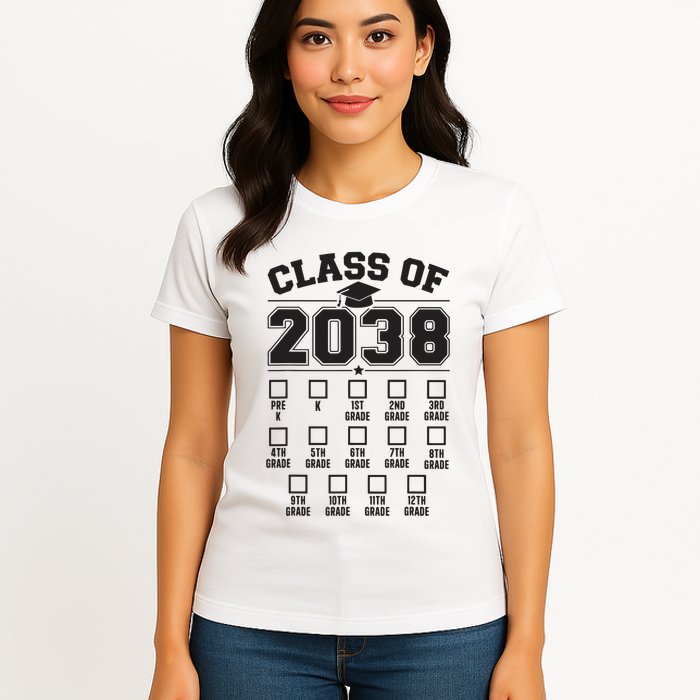 Class Of 2038 Grow With Me Checklist Prek To 12th Grade Womens T-Shirt