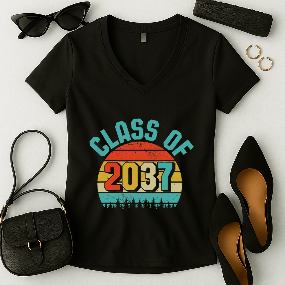 Class Of 2037 Grow With Me Kindergarten To Graduation Retro Women's V-Neck T-Shirt