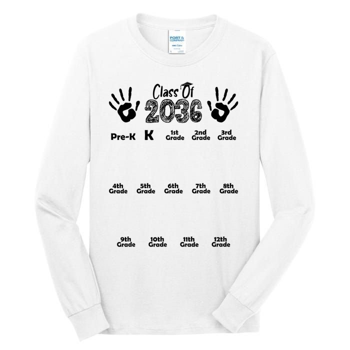 Class Of 2036 Grow With Me Handprint Pre K 12th Grade Tall Long Sleeve T-Shirt