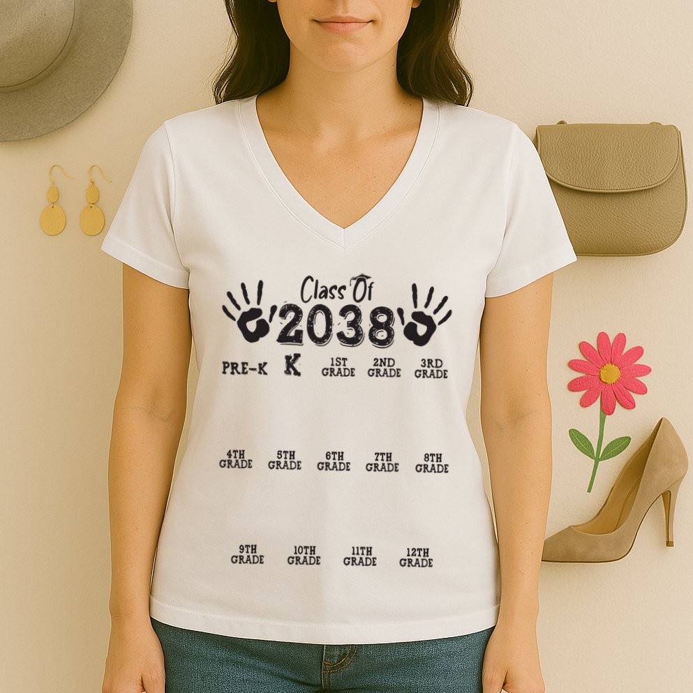 Class Of 2038 Grow With Me Handprint Pre K 12th Grade Women's V-Neck T-Shirt