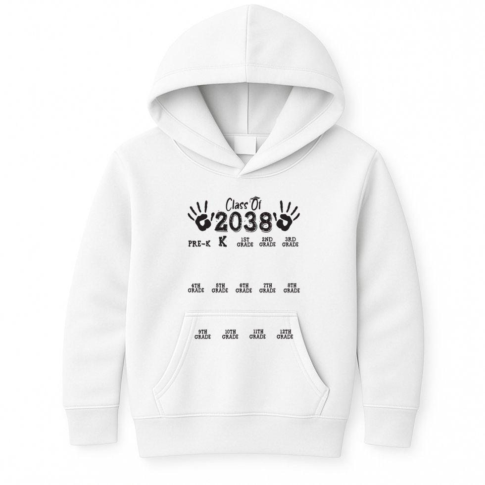 Class Of 2038 Grow With Me Handprint Pre K 12th Grade Kids Hoodie