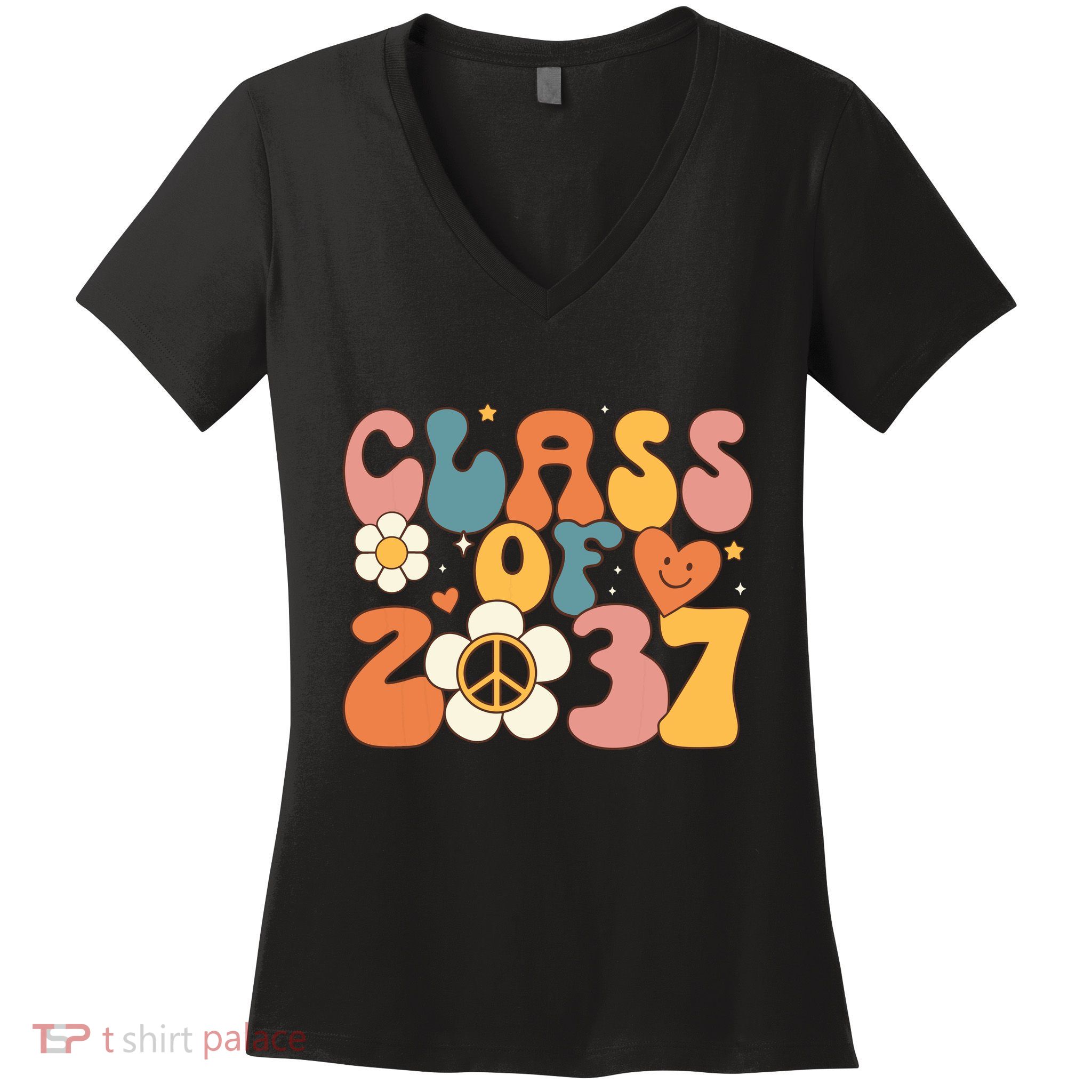 Class Of 2037 Hippie Peace Grow Me Kindergarten To Graduate Women's V-Neck T-Shirt
