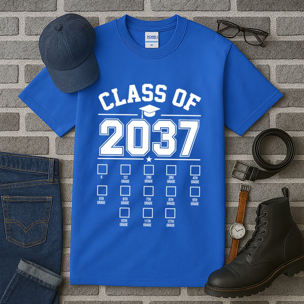 Class Of 2037 Grow With Me Checklist Kindergarten 12th Grade Tall T-Shirt
