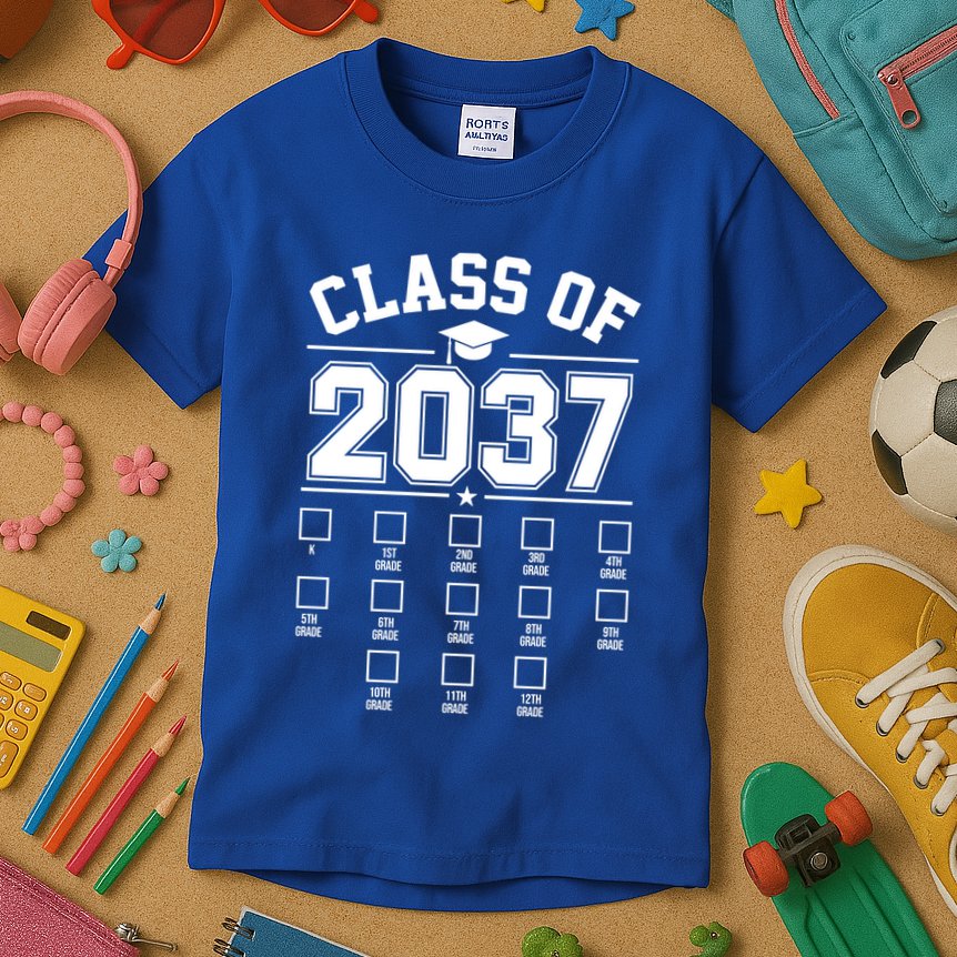 Class Of 2037 Grow With Me Checklist Kindergarten 12th Grade Kids T-Shirt